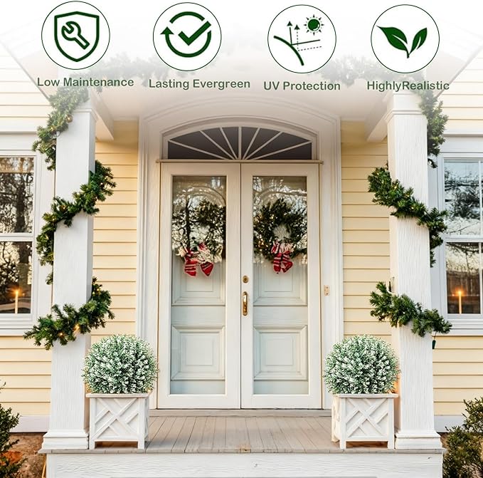 2 Pack White Artificial Christmas Tree, 24'' Outdoor Xmas Ball Tree,Fake Boxwood Topiaries with Spike,Faux Plants for Planters Urn Filler, Porch Potted Entrance Driveway Decor