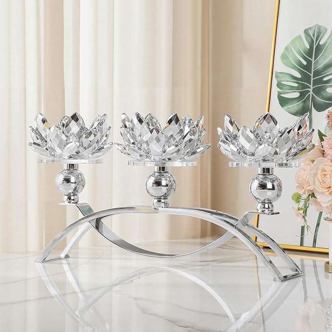 Crystal Candle Holders Lotus Candelabras Silver Arch Candlestick, Centerpiece Table, Home Hecor for Wedding, Dinning Room, Coffee Table, Kitchen, Living Room, Entryway (3 Arms, Tealight Candle)