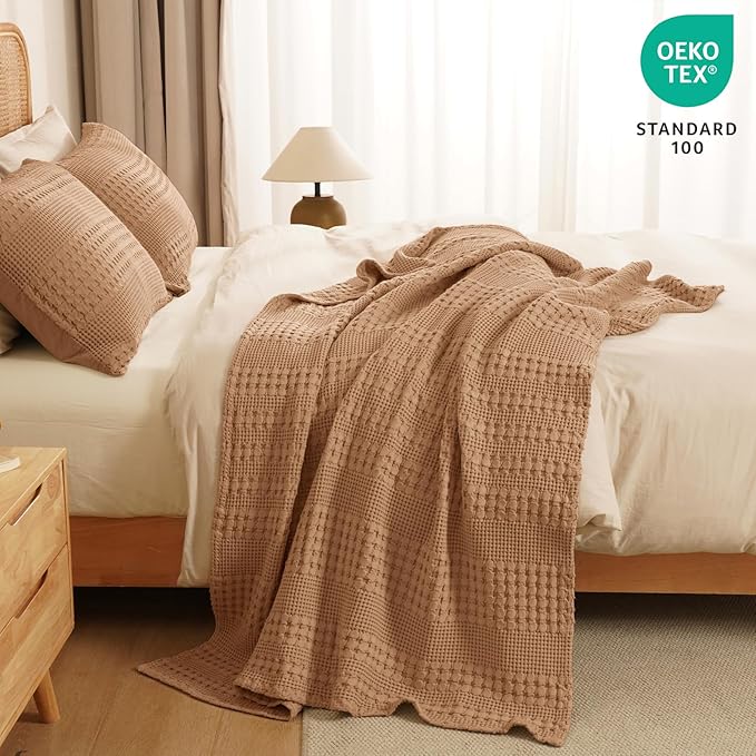 PHF 100% Cotton Waffle Weave Throw Blanket, Soft Lightweight Breathable Cozy Throws for Couch Bed Sofa, Luxury Aesthetic Woven Blanket for Home Decor & Office, 50"x60", Clay
