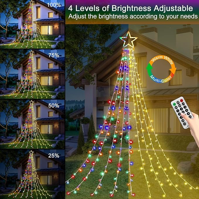 FUNIAO Christmas String Lights 320 LED Christmas Decorations Star Waterfall Lights with 11 Modes Remote Control for Tree Wall Yard Wedding Party (Warmwhite+Multicolored)