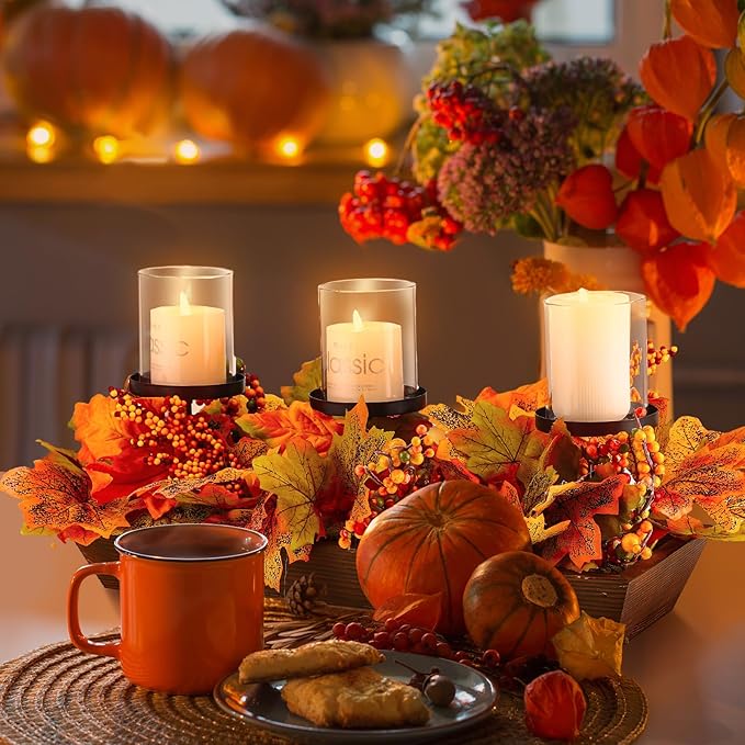 Fall Table Centerpiece Fall Thanksgiving Candle Holder with 3 Candle Holders and 3 Glass Cups, Artificial Maple Leaf Harvest Table Centerpiece with Pumpkins Berries