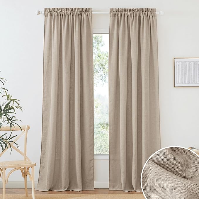 RYB HOME Linen Sheer Curtains for Living Room, Boho Classic Linen Blend Elegant Light Filtering Privacy Protected Panels for Bedroom Gym Room, Khaki, 52" W x 108" L, 2 Panels