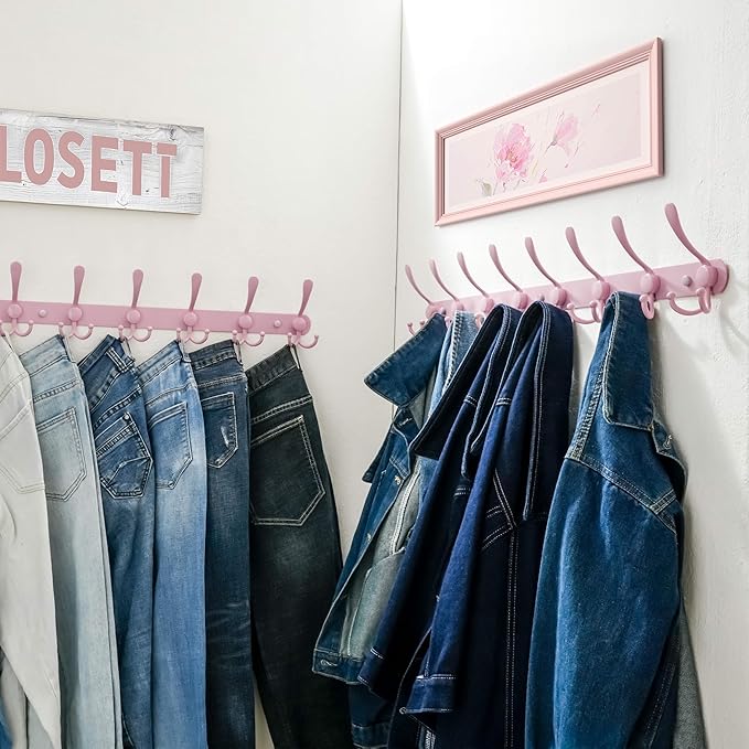 Dseap Coat Rack Wall Mount - 29.5” Long 8-Tri-Hooks Heavy Duty Coat Hanger Rail Wall Hooks for Hanging Coats Hats Clothing Clothes Purse Mudroom Entryway, Pink, Pack of 2