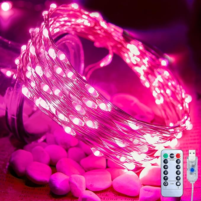 Pink USB Fairy Lights Plug in, 33Feet 100 LEDs Twinkle String Lights with Remote and Timer, Waterproof 8 Modes for Valentine's Day Bedroom Indoor Wreath DIY Wedding Christmas Holiday Decoration