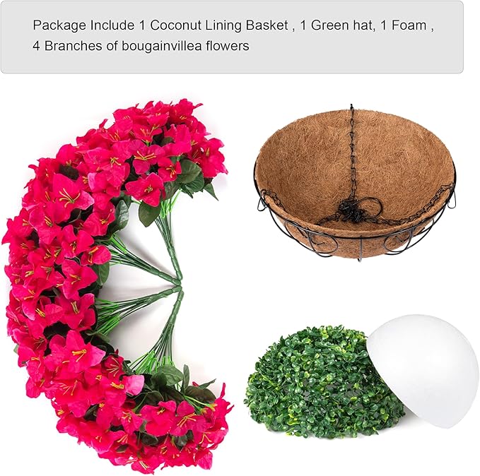 Artificial Fake Hanging Flowers Plants Basket for Outdoors Decoration, Faux Silk Bougainvillea Flowers in Planter UV Resistant Realistic Flower for Outside Porch Patio Garden Yard Home Decor (Hotpink)