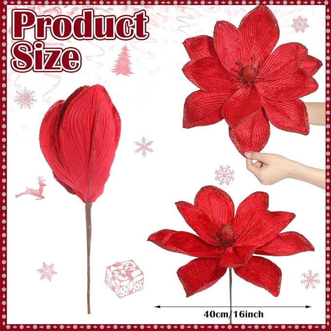 8 Pcs Large Christmas Flower Magnolia Flowers Christmas Tree Decoration Artificial Poinsettia Stems Velvet Xmas Ornaments for Xmas Tree Table Decor (Burgundy,16 Inch)