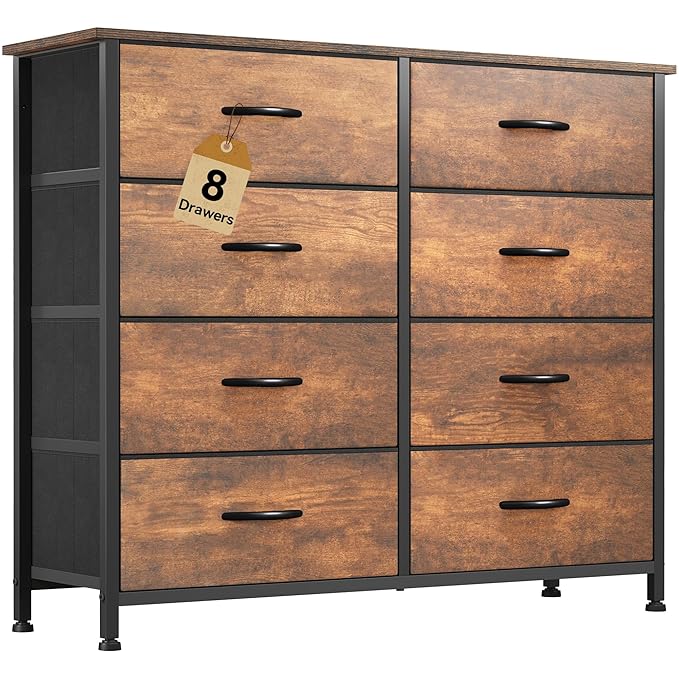 DWVO 8 Drawers Fabric Dresser, Furniture Storage Tower Cabinet, Organizer for Bedroom, Living Room, Hallway, Closet, Sturdy Steel Frame, Wooden Top, Easy-to-Pull Fabric Bins