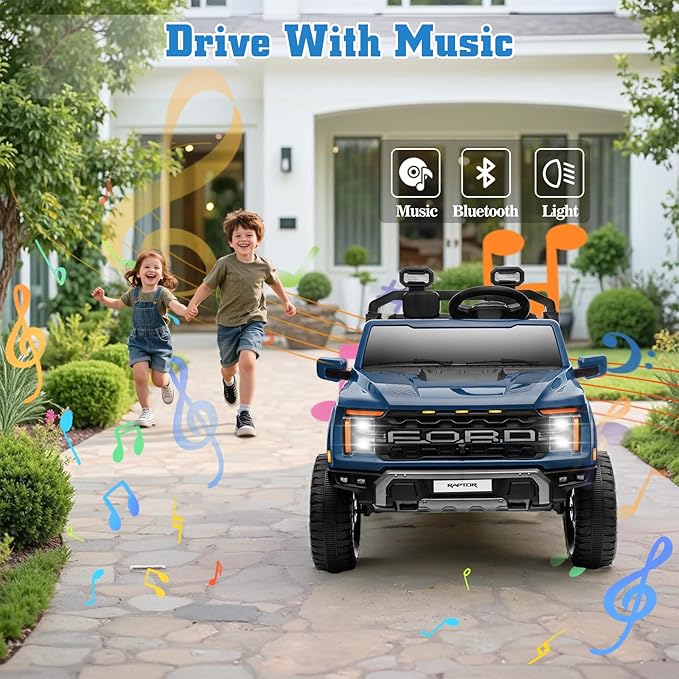 24V Ride on Car Licensed Ford F-150 Raptor, Kids Electric Car with Remote Control, LED Light/Music/MP3, Truck Bed Storage, 3-Point Seat Belt (24V, Blue)