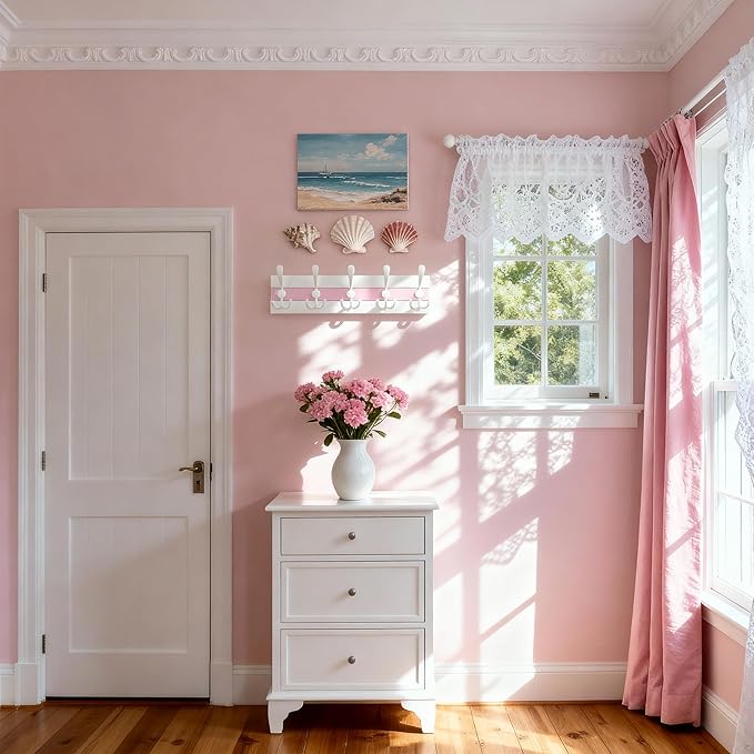 SKOLOO Coastal Wall Mounted Coat Rack - 17" Beach House Entryway Wooden Coat Hook with 5 Hooks for Hanging Coats, Hats or Towels, Oceanfront Cottage Core Collection, White & Palm Beach Pink, Pack of 2
