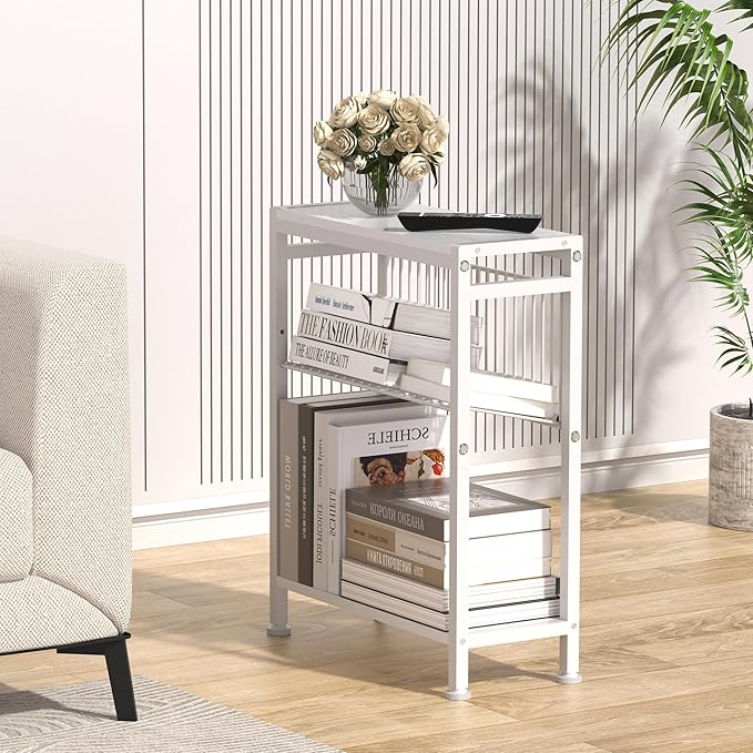 End Table for Small Space, 3-Tier Narrow Side Table with Magazine Holder,Small Nightstand, Skinny Snack Couch Table in Living Room, Bedroom Study and Balcony (White)