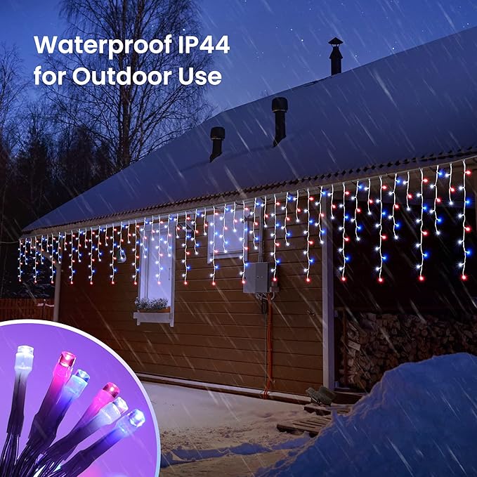 Toodour Red White Blue Christmas Icicle Lights, 29.5ft 360 LED Icicle Lights, 8 Modes, 60 Drops, Window Curtain Led Christmas Light, Icicle Twinkle Light for Eaves, Party, Wedding, Xmas Decorations