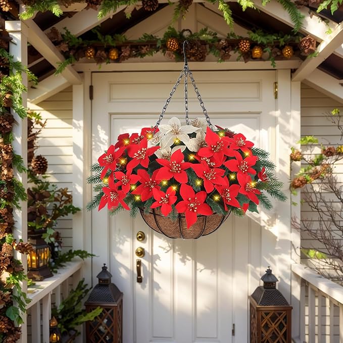 Florielle Artificial Fake Christmas Hanging Flowers Plants Basket with LED Lights, Faux Poinsettia, Pine Branches, for Outdoor New Year Xmas Decoration, Porch Home Holiday Decor (Green)