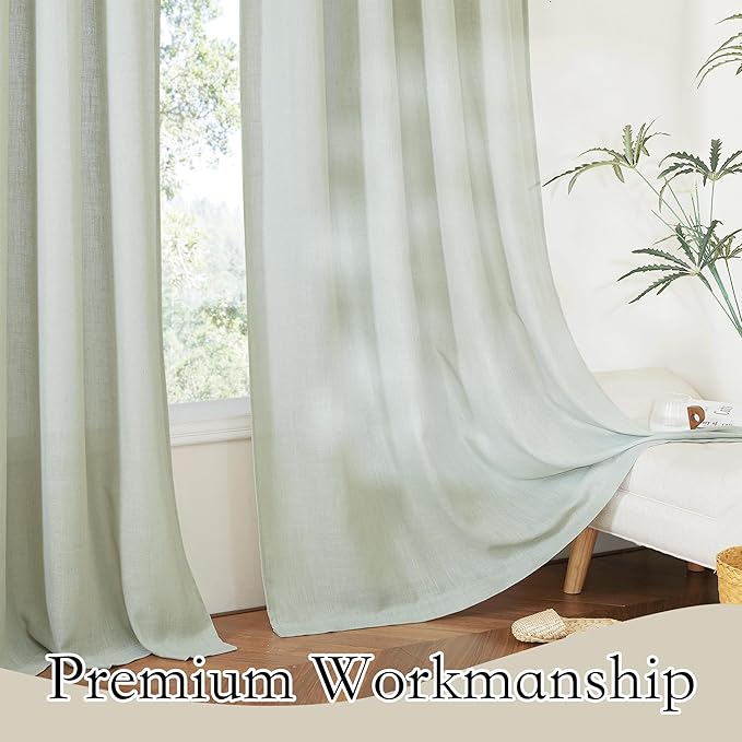 RYB HOME Linen Sheer Curtains 95 inches Long, Airy Breathable Absorbent Curtains & Drapes, Light Filter Half Privacy Protect for Sliding Door, Bedroom, Living Room, Wide 52", 2 Panels, Sage