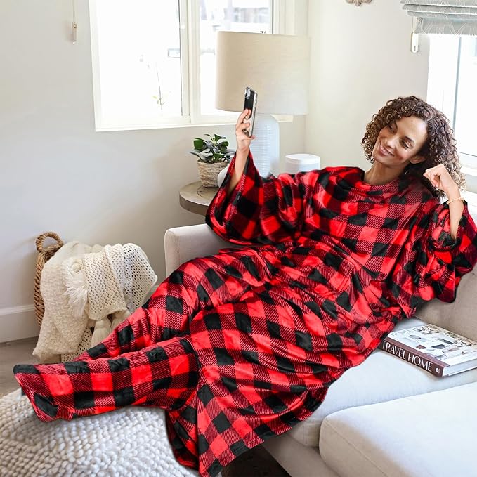 Catalonia Wearable Fleece Blanket with Sleeves and Foot Pockets for Adult Women Men, Micro Plush Comfy Wrap Sleeved Throw Blanket Robe Large, Red Checker Plaid