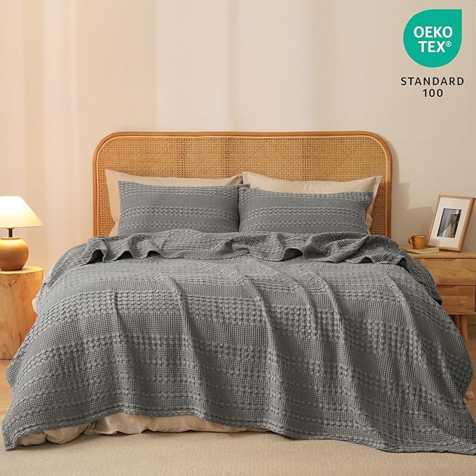 PHF 100% Cotton Waffle Weave Blanket King Size for Bed, Soft Lightweight & Breathable, All-Season Comfort, Luxury Aesthetic Woven Bedding for Home Decor, 108"x90", Dark Grey
