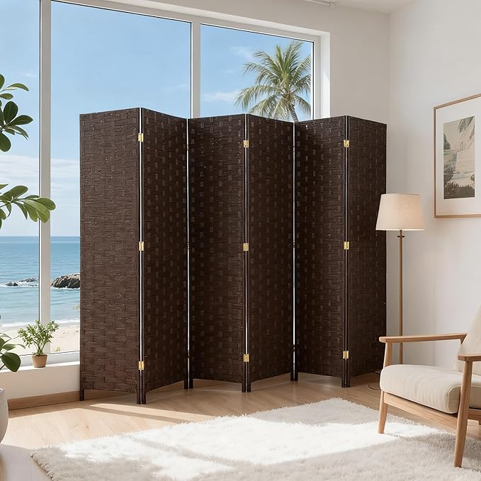FDW Room Divider Wood Screen 6 Panel Folding Portable Partition Screens Wooden Mesh Woven Design Room Divider for Home Office (Dark Brown)