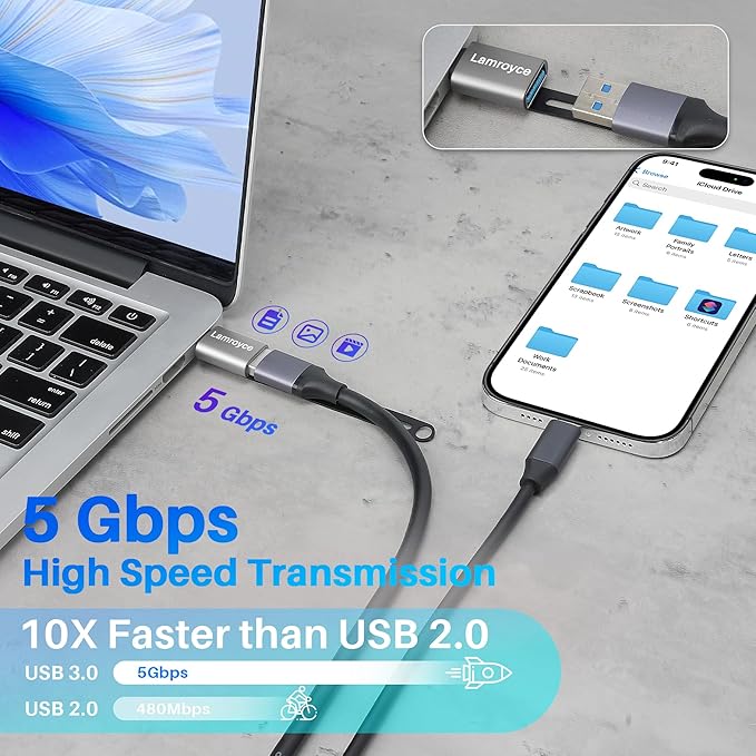 USB-C to USB Adapter 4 Pack, Portable 2*USB A 3.0 Male to USB C Female & 2*USB C 3.1 Male to USB A Female OTG Converter Connector, with Lanyard Keychain, Supports fast charging & 5Gbps Data Transfer