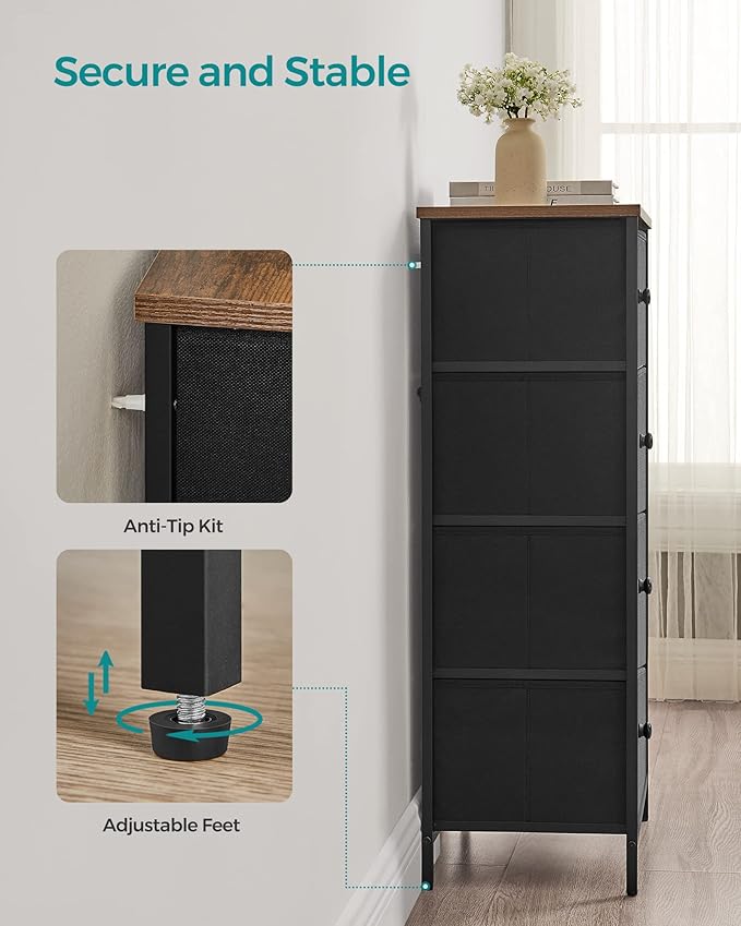 SONGMICS Dresser for Bedroom, Fabric Dresser with 4 Drawers, Metal Frame, Small Chest of Drawers, Black and Rustic Brown ULTS314B01