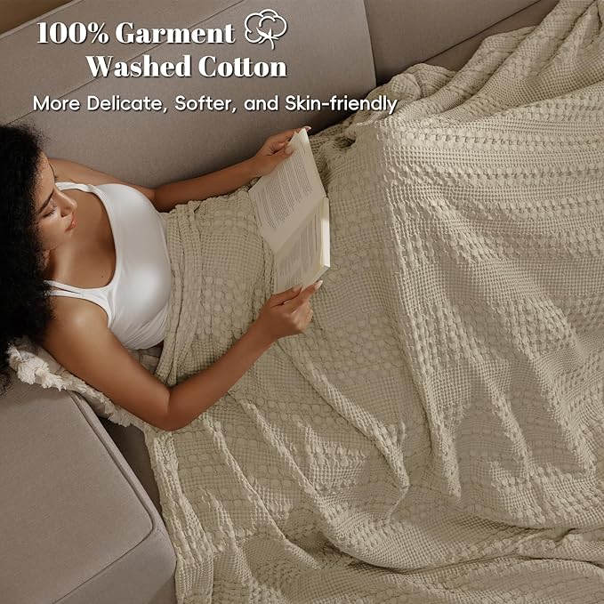 PHF 100% Cotton Waffle Blanket Oversized King 120"x120", Lightweight Breathable Extra Large 10'x10' Blankets for Bed, Giant Big Luxury Aesthetic Woven Bedding for Home Decor, Khaki