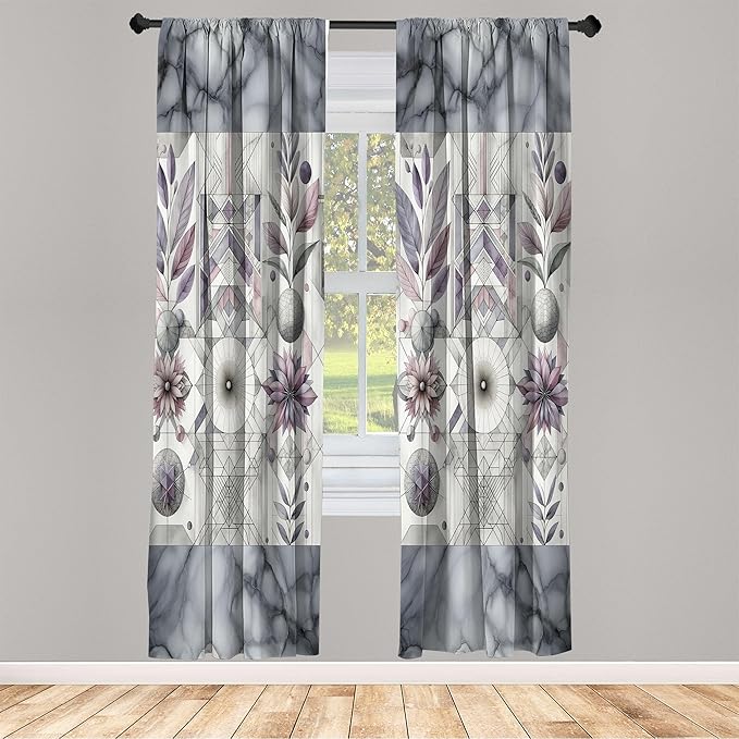 Ambesonne Geometric Floral Window Curtains, Classic Marble Print Ornate Leafy Flowers and Futurist Stripes, Lightweight Decor 2-Panel Set with Rod Pocket, Pair of - 28" x 84", Ceil Blue Laurel Green