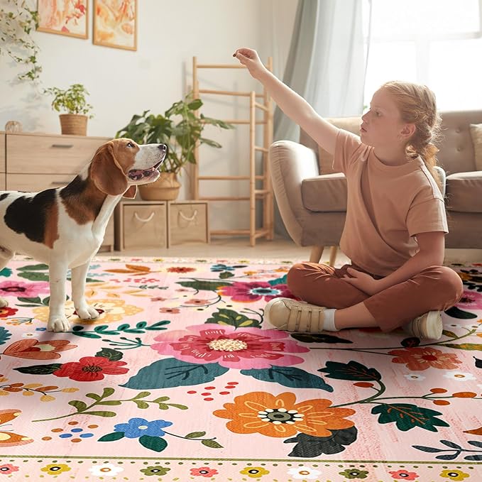 Floral 6x9 Area Rug Machine Washable Soft Print Boho Carpet Non Slip Doormat Low Pile Flower Area Rugs for Living Room Bedroom Nursery Kitchen Dining Room Indoor-Pink