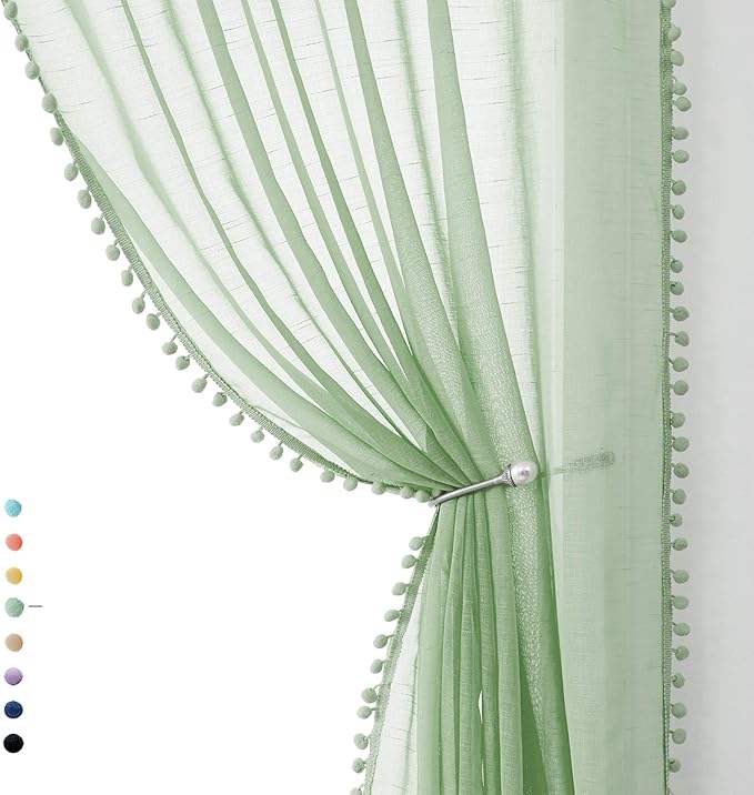 Treatmentex Sage Green Sheer Curtains for Kids-Room 63 inches Slub Textured Pom Pom Window Drapes for Bedroom Sage 52" W x 2 Panels Rod Pocket