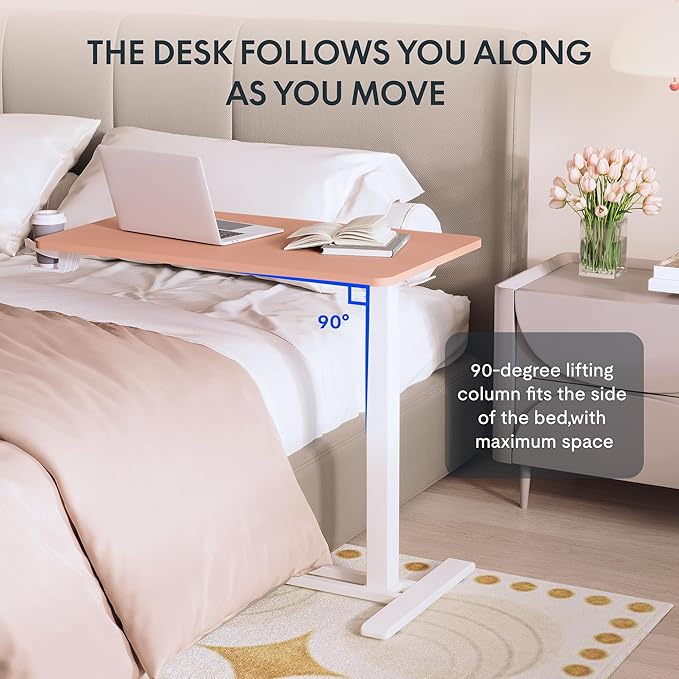 FLEXISPOT H7 Adjustable Overbed Bedside Table with Wheels Pneumatic Mobile Standing Desk Laptop Desk Rolling Computer Cart Movable Overbed Table Hospital Home Use(27.6" W x 15.7" D, Pink)