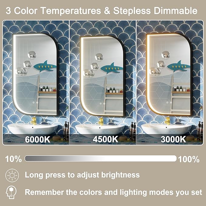 22x36 Inch LED Bathroom Mirror, Adjustable 3000K/4500K/6000K, Irregular Black Frame Lighted Bathroom Vanity Mirror with Lights, Stepless Dimmable, Anti-Fog, Wall Mounted