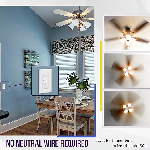 ENERLITES 3 Speed Ceiling Fan Control and Dimmer Light Switch, 2.5A Single Pole Light Fan Switch, 300W Incandescent Load, No Neutral Wire Required, 17001-F3-W, 120 Volts (AC), White, 2 Pack
