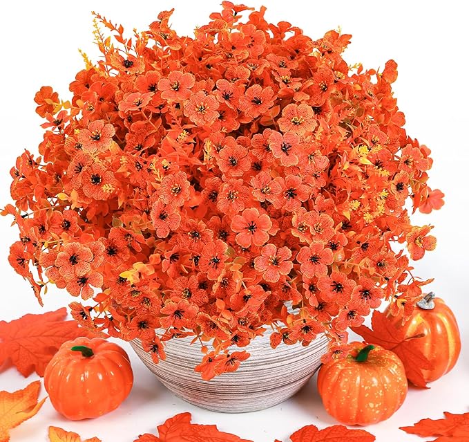SHareconn 48 Bundles Artificial Fall Flowers for Outdoors Decoration,UV Resistant Silk Eucalyptus Lavender Faux Autumn Fake Plants for Outside Indoor Garden Yard Porch Home Decor,SunsetRedAutumnColour