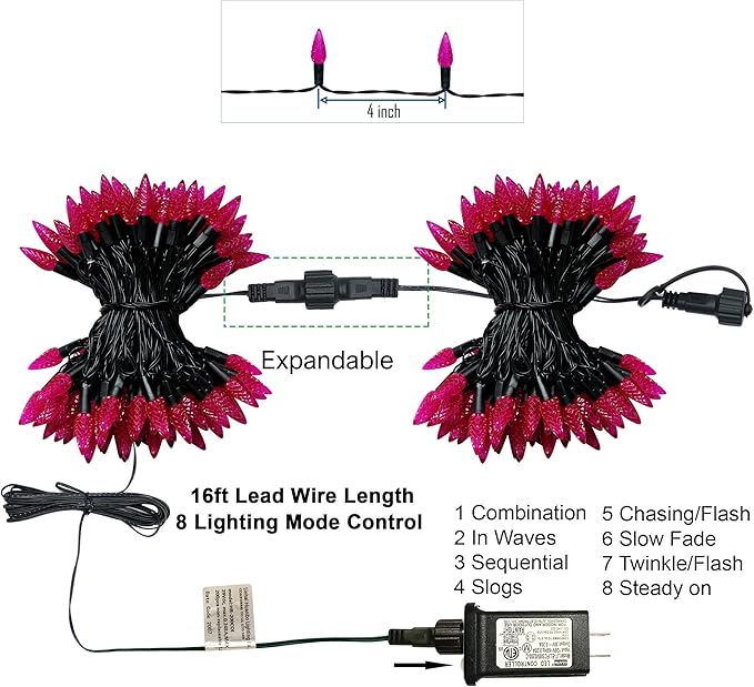Twinkle Star C6 Halloween String Lights, 100 LED 33ft Fairy Lights with 29V Safe Adapter, Indoor Outdoor Black Wire Lights 8 Lighting Modes for Patio Xmas Tree Party Decor, Purple