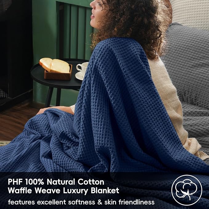 PHF 100% Cotton Waffle Weave Family Blanket,Oversized King Size 120"x 120"-Pre-Washed Snag Proof Lightweight Breathable, 10'x 10' Huge Extra Large Big,Home Decoration Gift-Navy Blue/Bright Blue