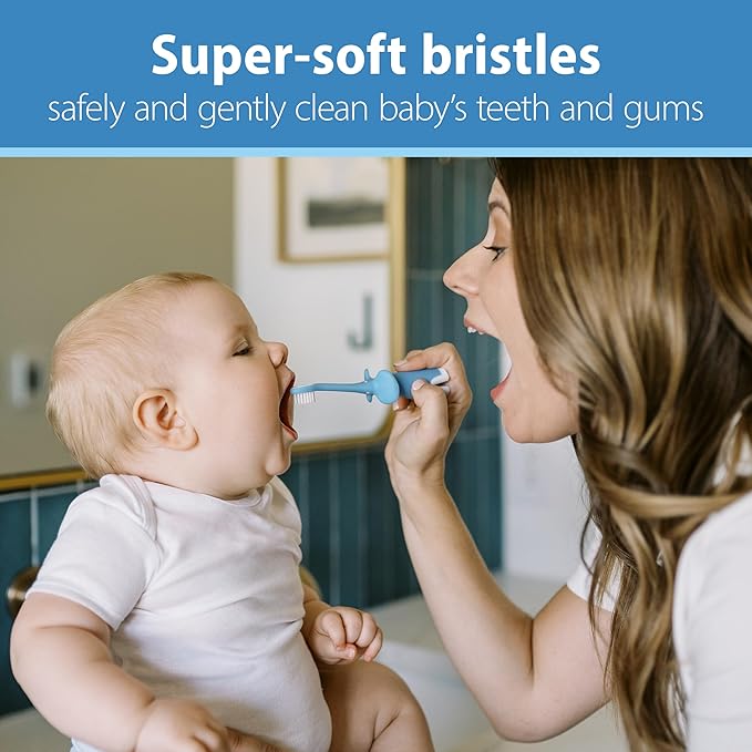 Dr. Brown's Infant-to-Toddler Training Toothbrush Set, Blue Elephant with Fluoride-Free Apple Pear Baby Toothpaste, 0-3 years