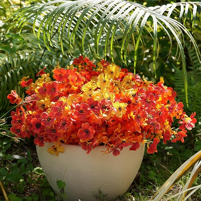 Artificial Flowers for Outdoor, UV Resistant Fake Silk Flowers, Realistic Faux Plants for Outside Indoor Porch Patio Window Box Planter Home Decor (16, Fall OrangeRed Yellow)