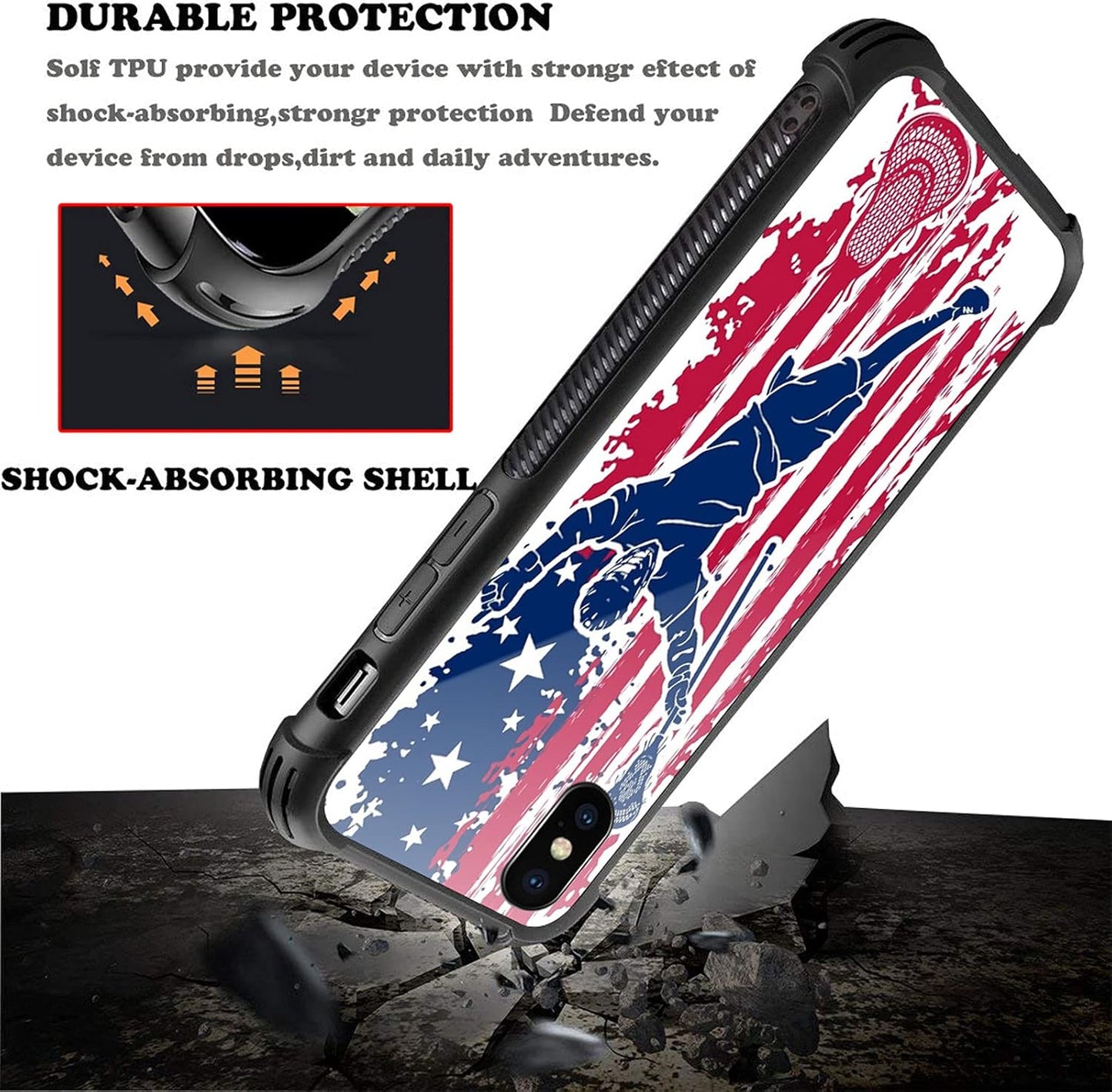 iPhone XR Case - Lacrosse American Flag Graphic for Girls, Shockproof Anti-Scratch Hard PC Back, Picture Pattern Design.
