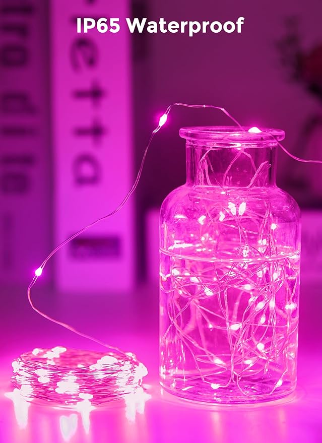 Minetom Solar String Lights for Outside, 2 Packs Total 66Ft 200 LED Outdoor Solar Fairy Lights, 8 Modes Balcony Lights for Tree Patio Christmas Party Wedding Decor (Pink)