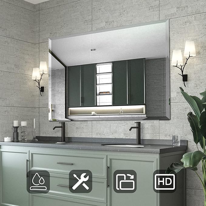 Mirrorons Beveled Mirror, Bathroom Mirrors for Wall 40" x 30", Frameless Rectangle Bathroom Mirror with Beveled Edge, Hangs Horizontally or Vertically, Upgraded Packing