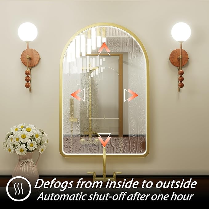 24x36 Inch Arched Gold LED Mirror for Bathroom, Adjustable 3000K/4500K/6000K, Wall Mounted Framed Lighted Bathroom Vanity Mirror with Lights, Anti-Fog, Dimmable, Memory Function