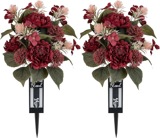 Red Cemetery Flowers for Grave: 2 Pcs Peony Grave Flower Bouquets for Cemetery Decorations - Christmas Outdoor Gravesite Flowers with Vase