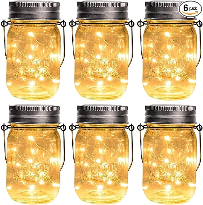 GIGALUMI Hanging Mason Jar Solar Lights, 6 Pack 30 Led Hanging Solar Lanterns Outdoor Waterproof, Hangers and Jars Included, Outdoor Decor for Balcony, Garden, Patio, Yard, Wedding