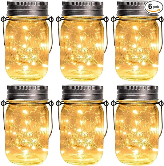 GIGALUMI Hanging Mason Jar Solar Lights, 6 Pack 30 Led Hanging Solar Lanterns Outdoor Waterproof, Hangers and Jars Included, Outdoor Decor for Balcony, Garden, Patio, Yard, Wedding