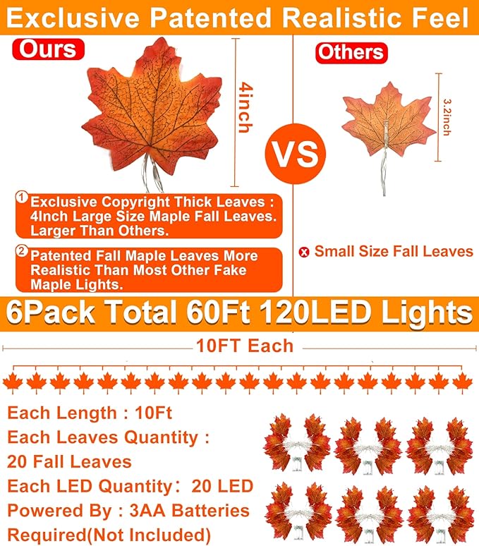 TURNMEON 6 Pack Thanksgiving Decorations Enlarged Maples Leafed Garland, 60Ft 120LED Fall Decor for Home Fall Lights, Battery Operated Waterproof Thanksgiving Decor Indoor Outdoor Christmas Halloween