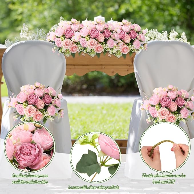 Geosar 8 Bundles Artificial Peonies Flowers Fake Silk Peony Bouquet Faux Peonies Flowers Bulk for Decoration Vase Floral Arrangements Wedding Party Table (Russet Red,Light Pink)