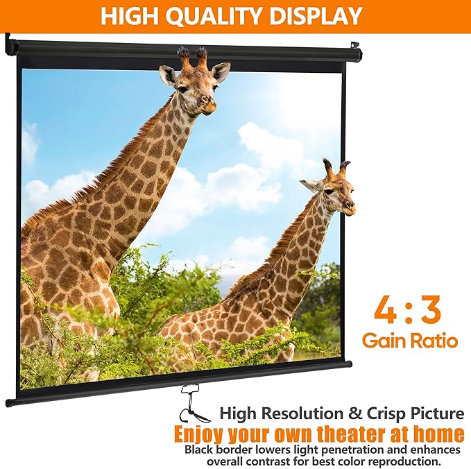 72in Projection Screen Outdoor Indoor 4:3 HD Foldable Manual Pull Down Projector Screen for Movie Home Backyard Theater Cinema Office Video Game, Black
