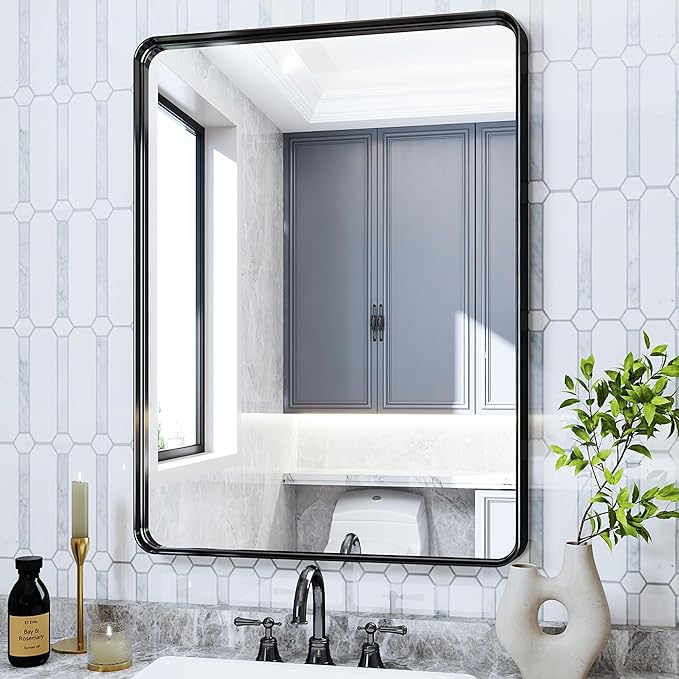 Suidia Bathroom Mirror, 30" x 22" Wall Mirror Metal Framed, Bathroom Vanity Mirror for Living Room Bedroom Bathroom Entryway, Black, Rounded Corner Style