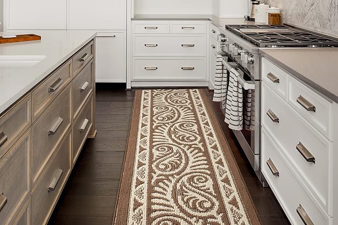 Custom Length Cut to Size Tribal Ethnic Southwestern Inspired Hallway Runner Rug, Non Slip Rubber Backed, 31 inch Wide X Customized Length, Mayan Brown, 31 inch X 6 feet