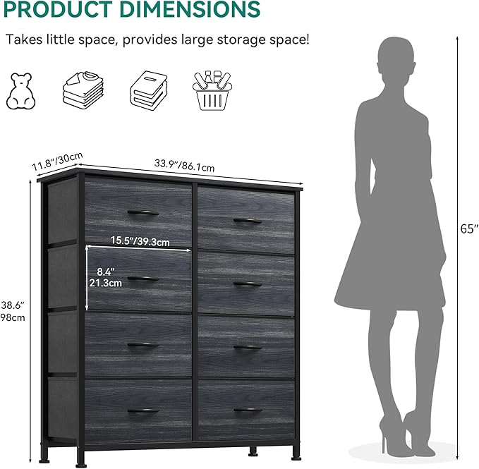 YITAHOME Cloth Dresser with 8 Drawers - Fabric Dresser for Closet, Chester Drawers for Bedroom, Hallway, Closets - Sturdy Steel Frame, Wooden Top & Easy Pull Fabric Bins, Charcoal Black Wood Grain