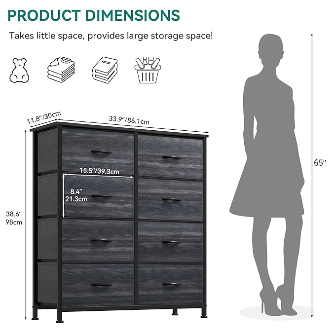 YITAHOME Dresser with 8 Drawers - Fabric Storage Tower, Organizer Unit for Bedroom, Hallway, Closets - Sturdy Steel Frame, Wooden Top & Easy Pull Fabric Bins