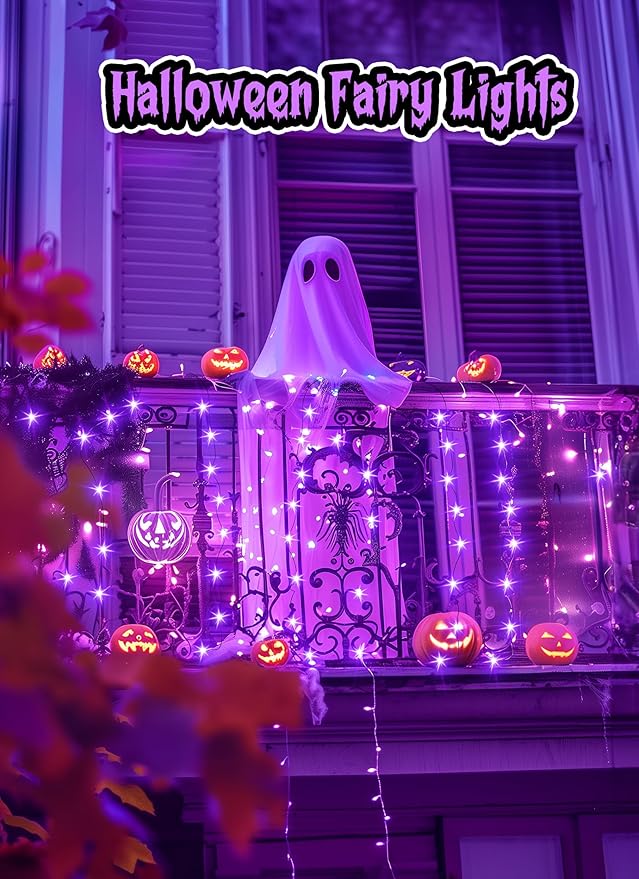 Minetom Halloween Fairy Lights, 33Ft 100 LED Battery Operated Fairy Lights, Waterproof Copper Wire Mason Jar Lights for Home Party Ghost Haunted House Indoor Outdoor Halloween Decorations, Purple