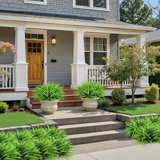 Ouddy Decor 20 Pcs Fake Outdoor Plants Artificial Grass Greenery Stems Faux Plastic Plants UV Resistant for Indoor Outside Garden Hanging Planter Pathway Porch Patio Window Box Home Decor, Green